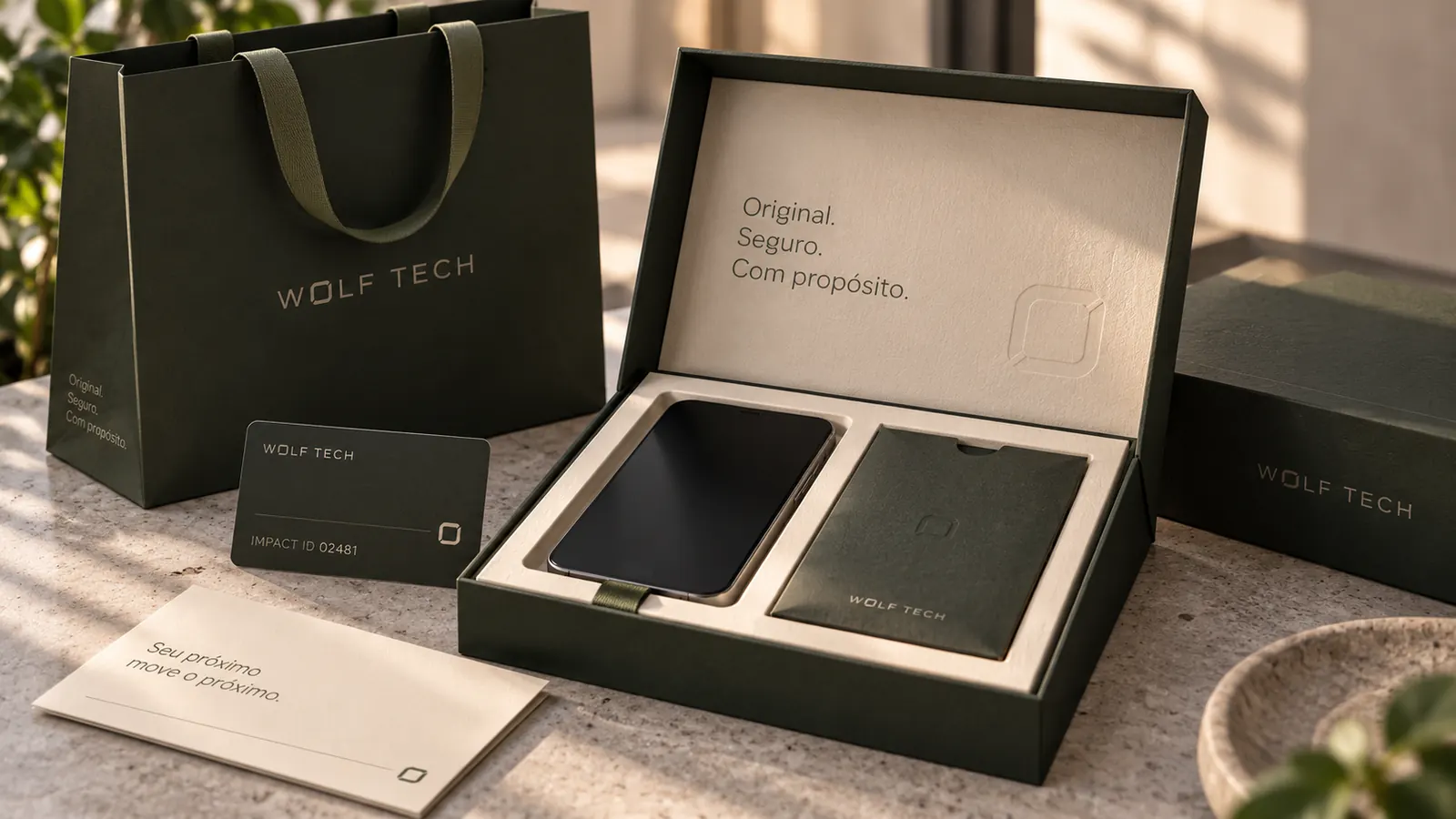 Embalagem Wolf Tech aberta, com a assinatura Original. Seguro. Com propósito. impressa na tampa