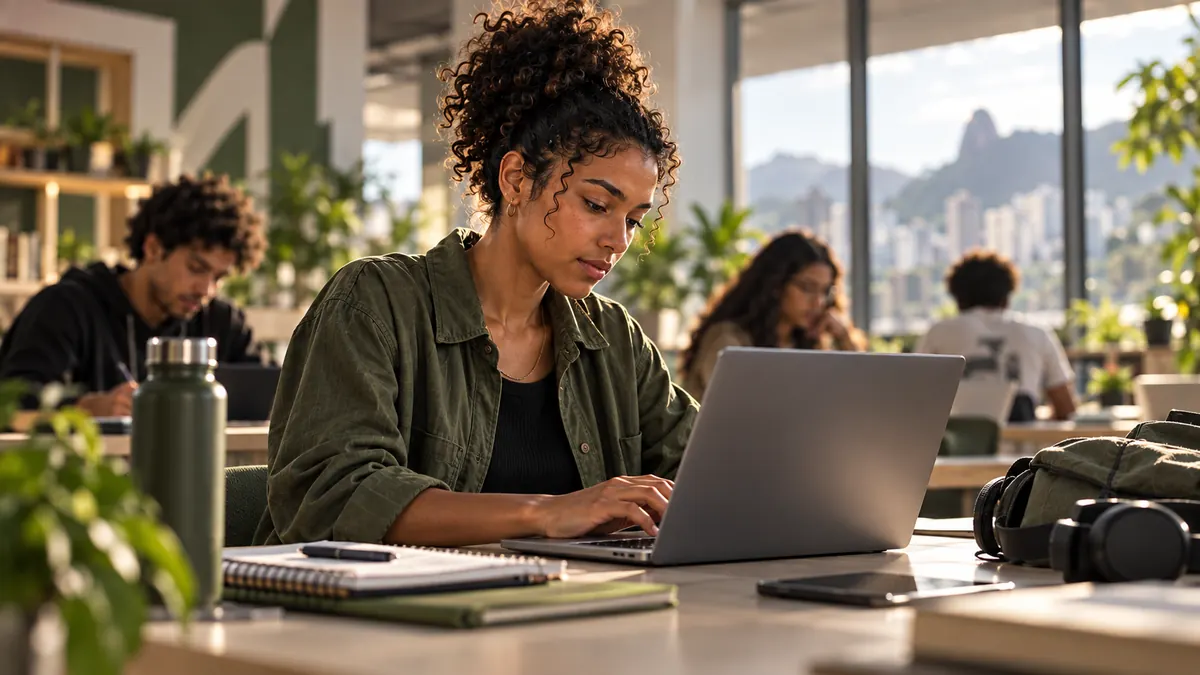 Jovem estudando com notebook em uma sala de estudos