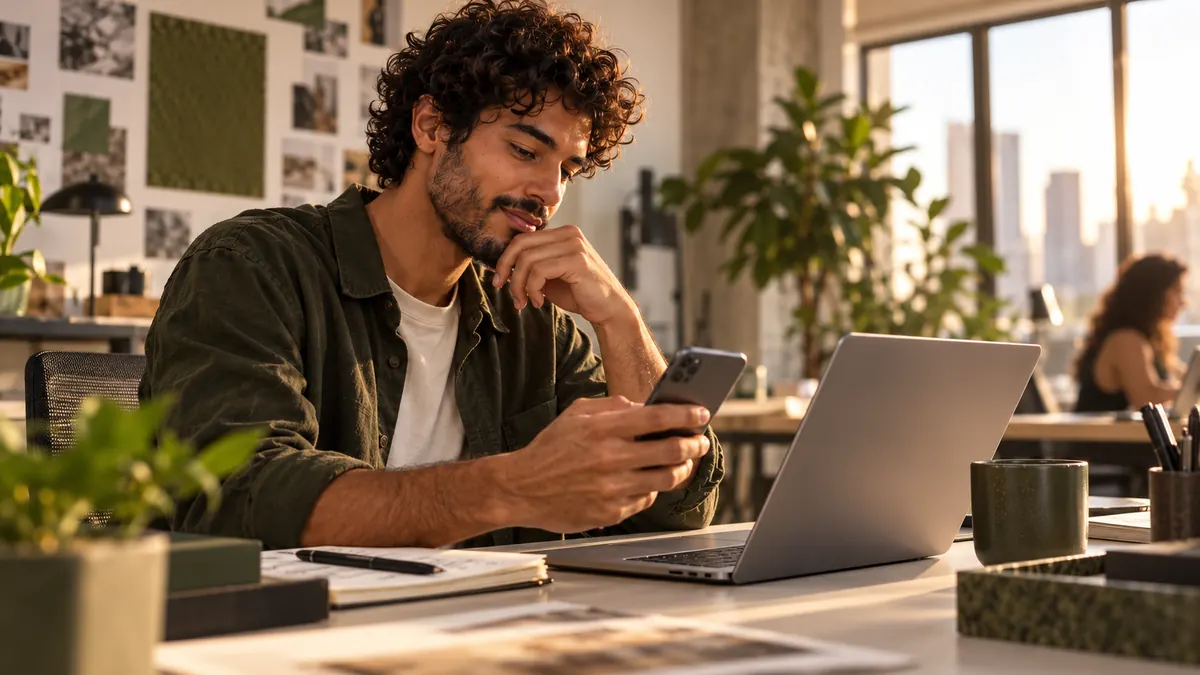 Homem trabalhando com iPhone e MacBook em um espaço de coworking